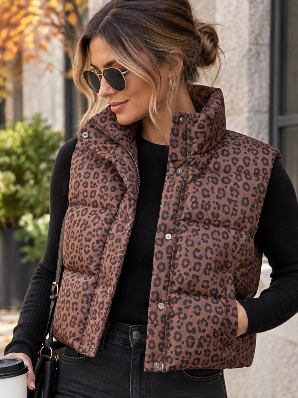 Leopard Print Puffer Vest - Brown